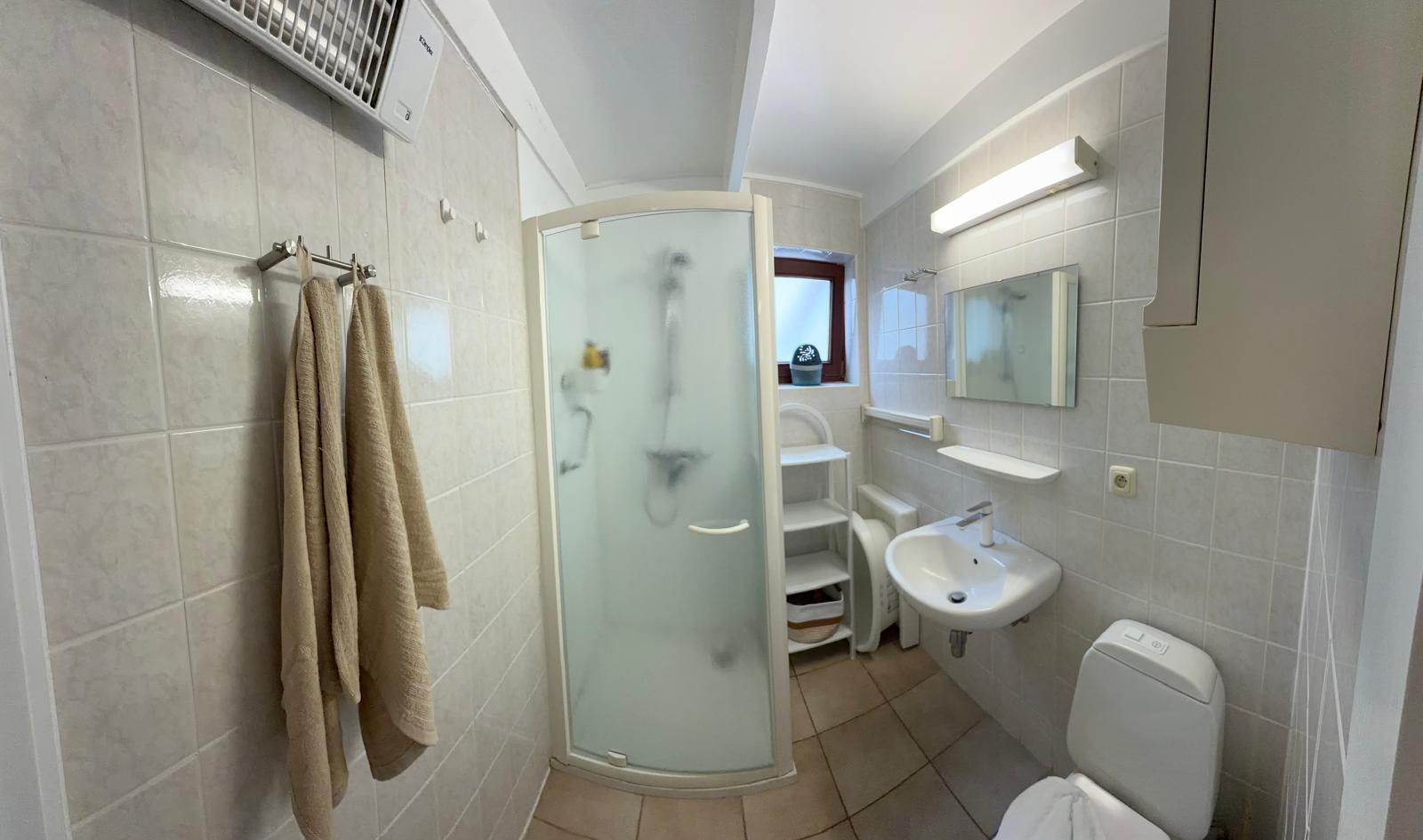 Bathroom with shower cubicle, sink and mirror cabinet